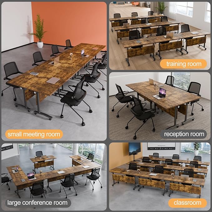 Folding Conference Table 4ft 5ft, Foldable Office Meeting Desk for 6 People, Multiple Sizes Colors Mobile Conference Room Table for Training Room School Business Furniture (6, Brown, 55in)