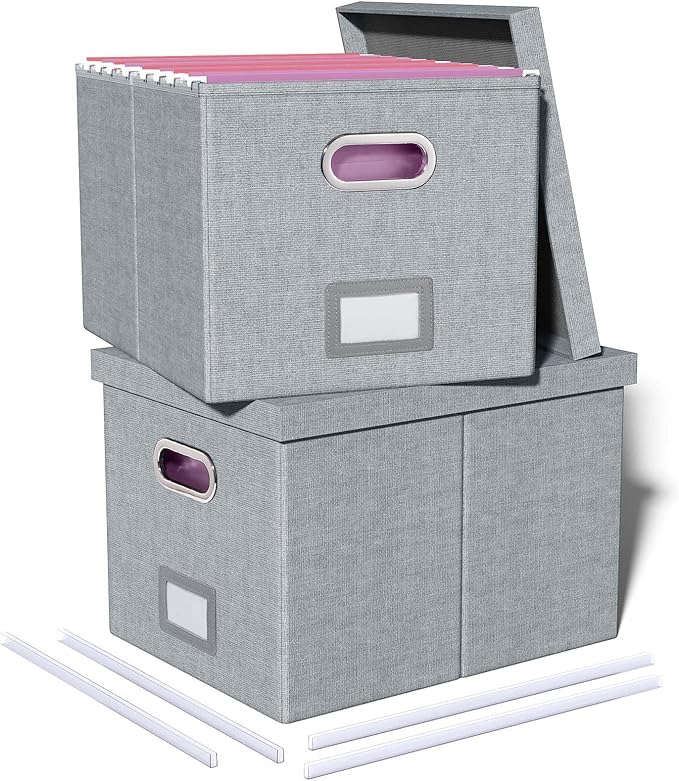 2 Pack File Storage Organizer, Filing Box, Portable File Box with Lid, Fit for Letter/Legal File Folder Storage, Document Organizer, Gray