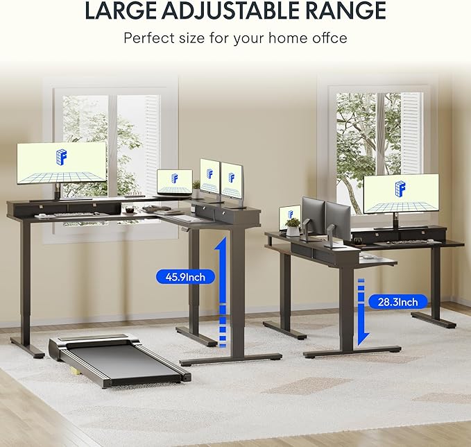 FLEXISPOT 71" Large L Shaped Standing Desk Electric Corner Table with Shelf, 4 Storage Drawers, Adjustable Computer Workstation for Home, Office, Game, Studio, Black Top + Black Frame
