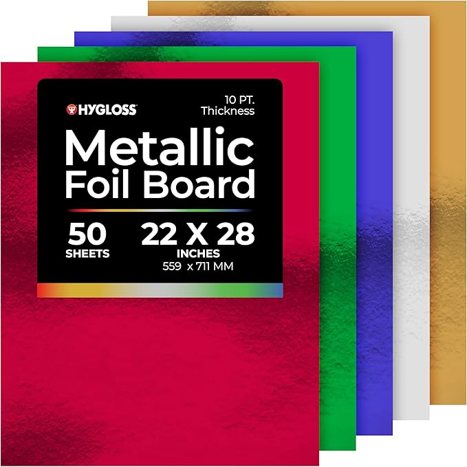 Hygloss Products Metallic Cardstock Sheets - 50 Sheets, 22” x 28” - 5 Assorted Colors - Sturdy 10 pt. - Foil Paper for Crafts, Scrapbooking, Posters & Decorations