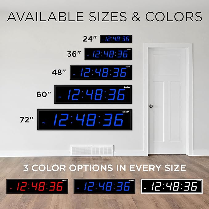 Ivation Huge Oversized 48" Large Digital LED Clock | Big Digital Clock w/Multi-Function Display – Stopwatch, Timer, Alarms, Temp & Date | 6 Brightness Levels, Time Memory & Remote (Blue)