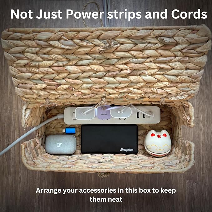 BINH YEN HOME Wicker Cable Management Box with Lid, A Handwoven Water Hyacinth Cords Hider Box for TV, Computer, Router, USB Hub to Hide Cords & Power Strip for Desk, Floor, Office 12.8x5.5x5.5
