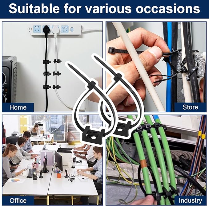 SLEYUIM Premium Cable Zip Tie Mounts Kit - 60 Packs Wire Management Holder & Cable Clips, 8" High-Strength Nylon Ties & 5M Screws, Heavy Duty Fasteners for Wall/Desk, Indoor & Outdoor Cable Organizer