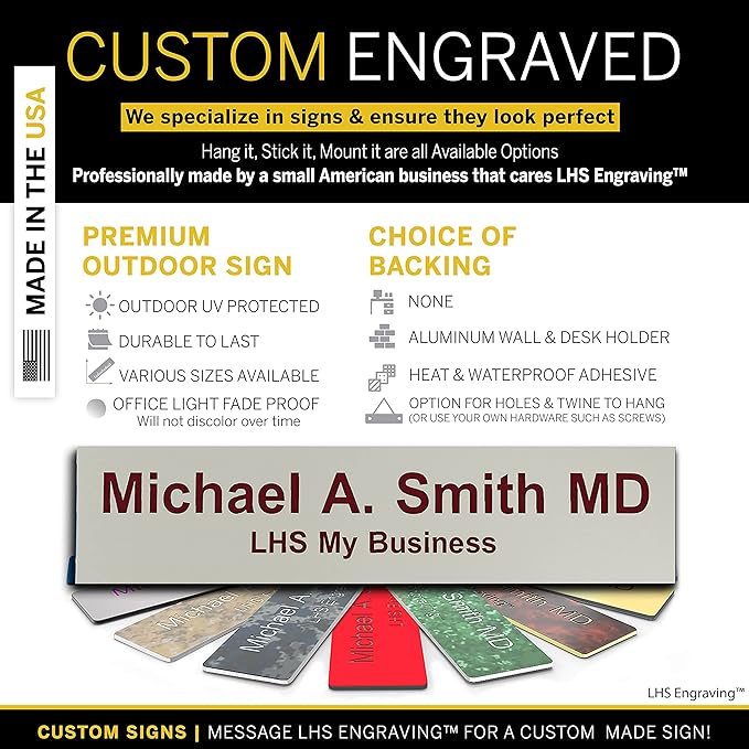 Engraved Name Plates for Door Sign Personalized Gray Plastic Plaque with Maroon Letters - Made in USA 2x10 B21