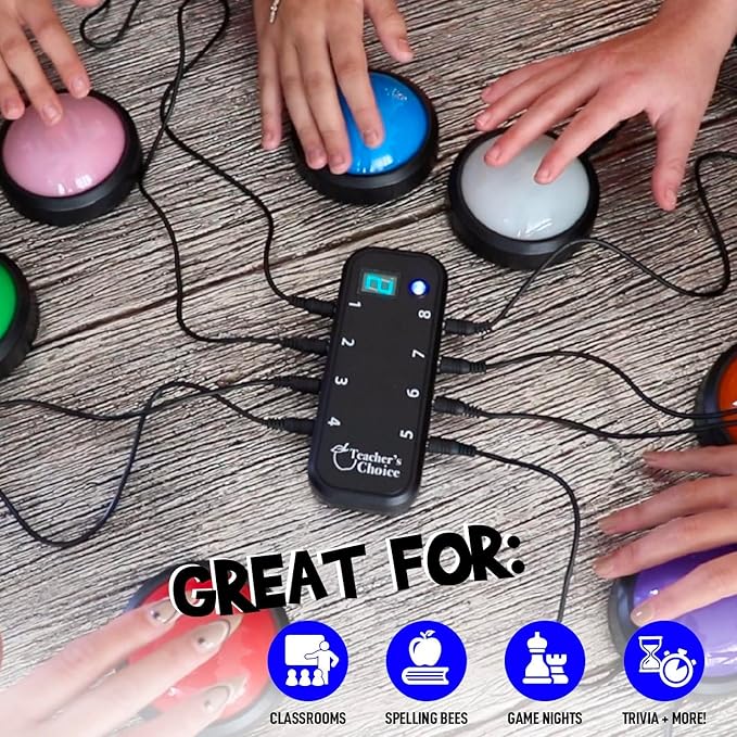 Teacher's Choice Light Up Game Buzzer System, Displays The Winning Player Loud, Unique Sounds for Each Buzzer, Great for Trivia Games, Family Feud, Jeopardy (8 Pack)