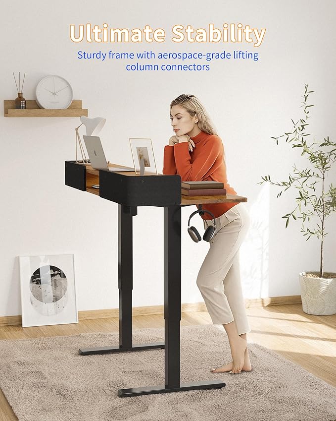 YIHAYO Electric Standing Desk with Drawers, 60 x 24 Inches Adjustable Desk with Storage Shelf, Computer Table with Splice Board for Home Office, Black Frame/Rustic Brown Top
