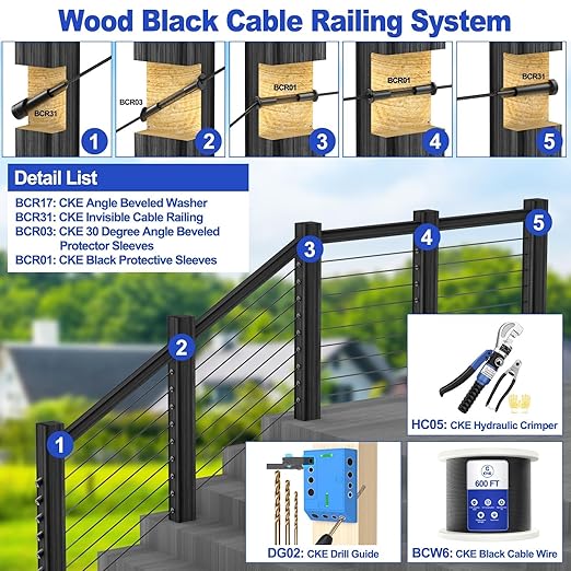 CKE 40 Pack T316 Stainless Steel Black Protector Sleeves for 1/8" 5/32" or 3/16" Cable Deck Stair Railing Kit System, Black Cable Railing Protective Sleeves for Wood Posts, DIY Balustrade, BCR01-3/16