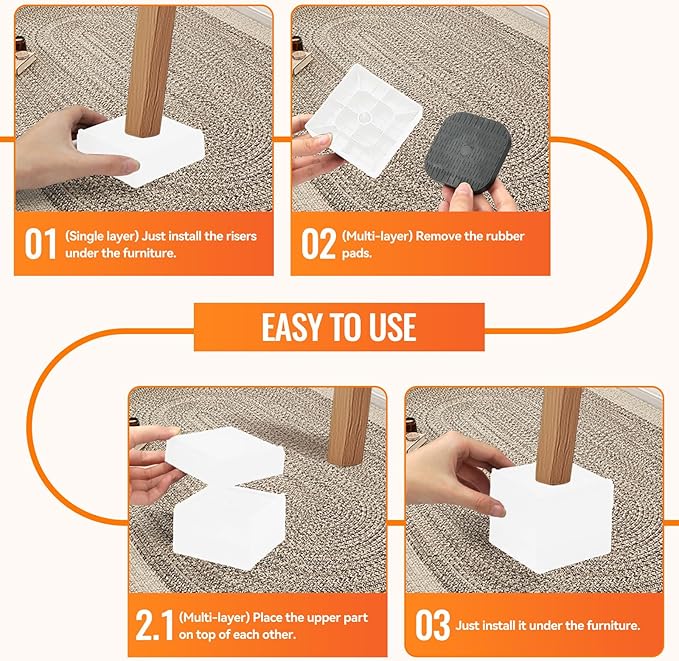 shouwuhho Furniture Risers, 4 Pack Bed Risers with Non-Slip Grip and Heavy Duty Support, 1 Inch 2 Inch 3 Inch 4 Inch Height Lift for Couch, Sofa, Table, Desk, Chair, Refrigerator - White, 1+1+1 Inch