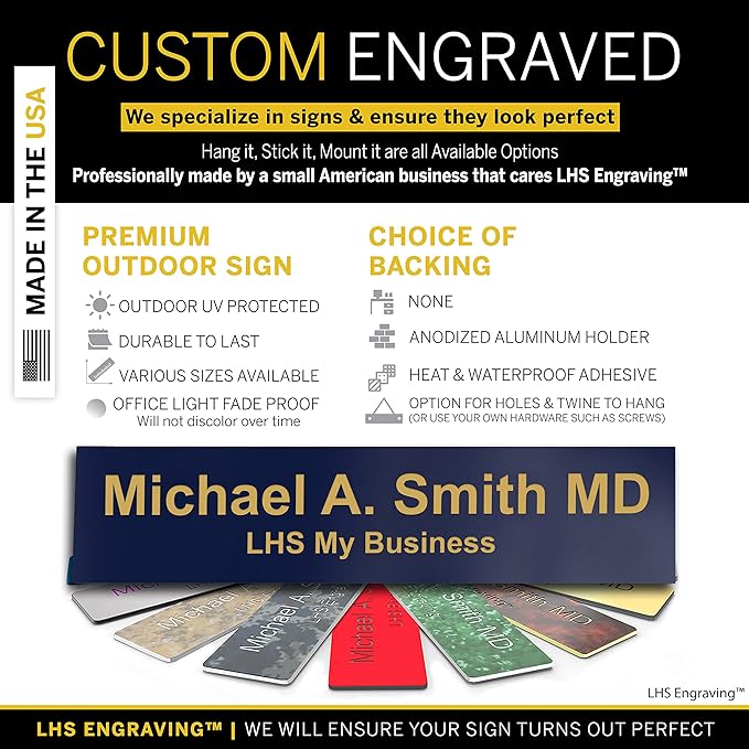 Custom Name Plate with Choice of Mounting for Walls, Doors, Desk Holders, Cubicles, Hanging and More - Personalized Navy Blue Plastic Gold Letters - USA Made 2x8 - B10