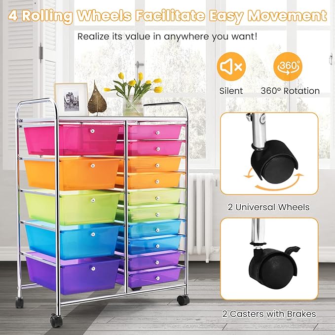 COSTWAY 15 Drawer Rolling Storage Cart, Multipurpose Mobile Storage Organizer w/Removable Drawers & Metal Frame, Utility Tools Paper Organizer on Wheels for Home, Office (Rainbow)