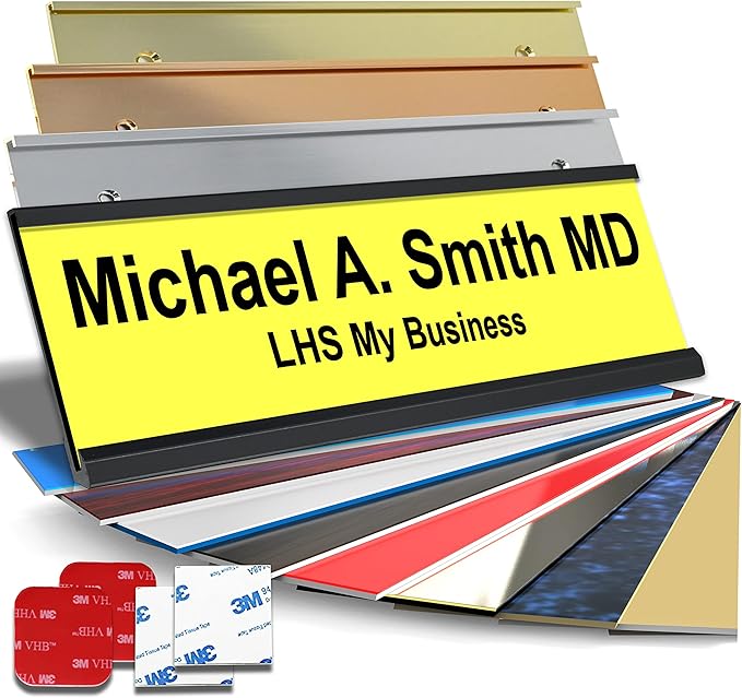 Personalized Name Plate with Choice of Mounting Holders for Walls, Doors, Cubicles, Hanging and More - Custom Yellow Plastic Black Letters - USA Made 2x6 - B4