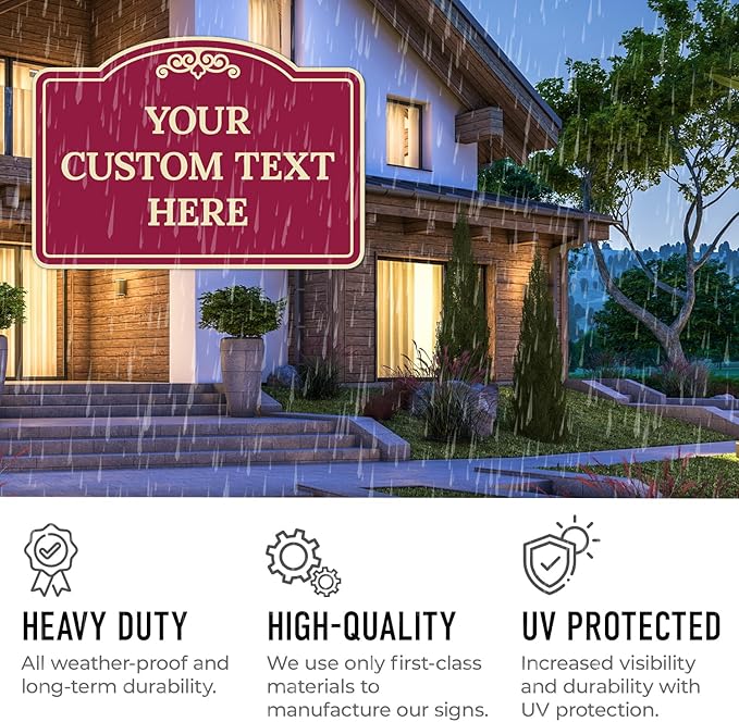 Custom Decorative Sign, Personalized Metal Sign for Driveway, Home, Airbnb, Door Plaque, Burgundy Background Sign, 14x10 Inches, ACM, Fade Resistant, Made in USA by Sigo Signs