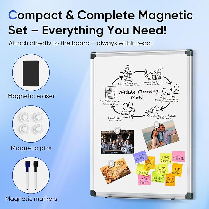 VUSIGN 24" x 18" Magnetic Whiteboard for Wall, Dry Erase Board with Silver Frame, Hanging White Board for Office, Home, School - Includes 1 Eraser, 2 Multicolor Markers & 4 Magnets