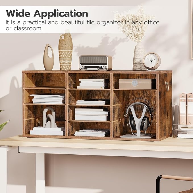 HOOBRO Countertop Mail Sorter Organizer, Wooden Literature Organizer, Student Mailbox for Classroom, Desktop Bill Organizer for Office Home School, 12 Compartments Rustic Brown FG43WF01