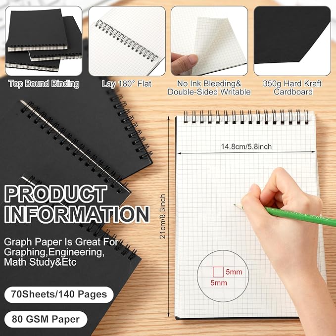 Engrowtic 8 Pack Graph Paper Spiral Notepad A5 Top Wirebound Notepad Grid Notebook Steno Pads Memo Notebook Grid Paper 140 Pages for Writing Sketching Drawing Office Supplies (Black)