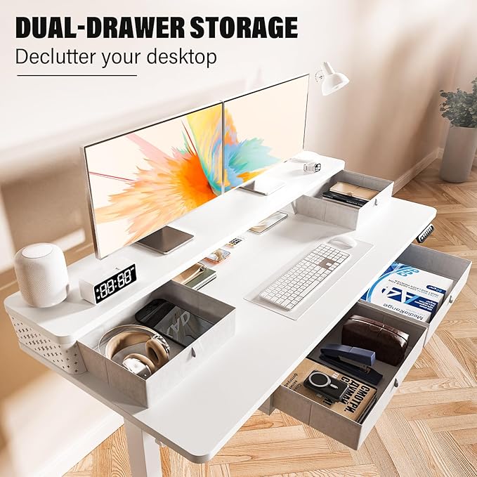 Kingant 55 x 24 Inch Electric Standing Desk with 4 Drawers, Height Adjustable Sit to Stand Computer Desk with Storage Shelf and C-Clamp Mount Compatibility for Home Office, White