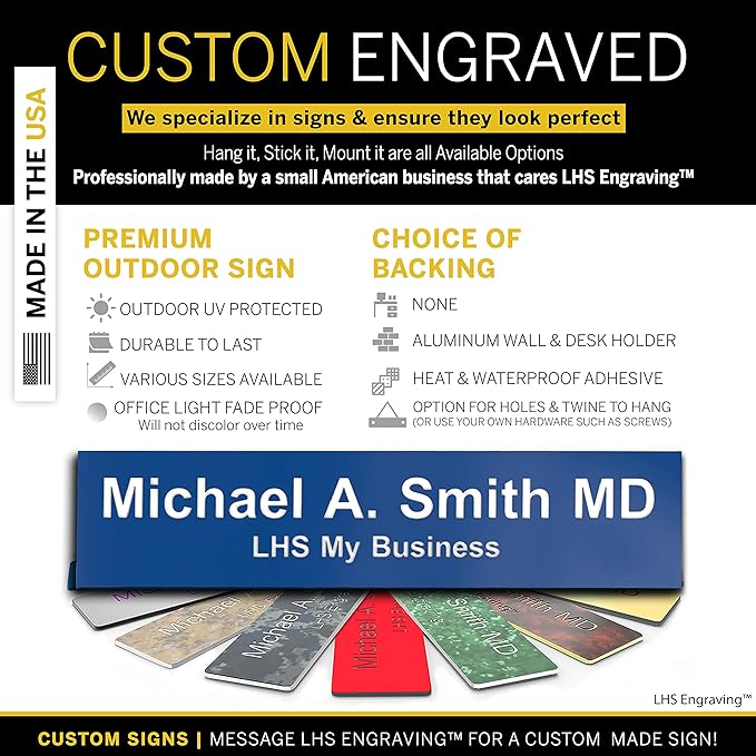 Engraved Name Plates for Door Sign Personalized Blue Plastic Plaque with White Letters - Made in USA 2x12 B9