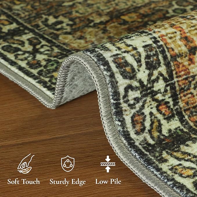 GENIMO Runner Rug 2x7 Machine Washable Non Slip Vintage Hallway Runner Rug, Low Pile Lightweight Rugs for Entryway, Hallway, Kitchen and Corridor, Bronze Olive