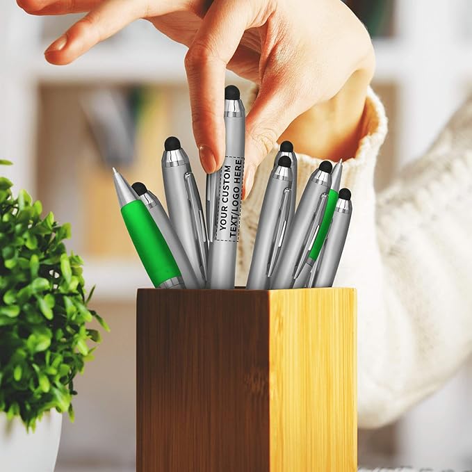DISCOUNT PROMOS Custom Stylus Ballpoint Pens Set of 10, Personalized Bulk Pack - Black Ink, Great for Office, School, Business, Tradeshows, Events - Green