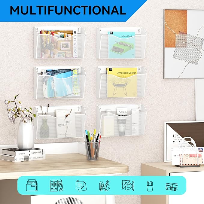 GDINDINFAN 6 Single Pocket Wall File Holder, Mesh Hanging File Folder Paper Organizer, Vertical Wall Mounted Mail Basket, Storage Organization Magazine Rack for Office, Home and School, White