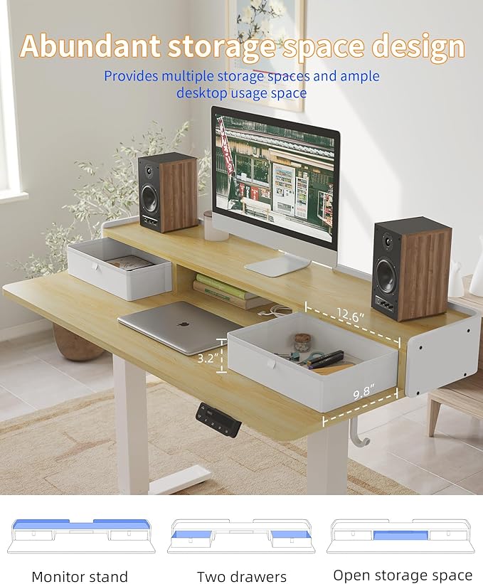 YIHAYO Electric Standing Desk with Drawers, 48 x 24 Inches Adjustable Desk with Storage Shelf, Stand Up Desk with Splice Board, Computer Table for Home Office, White Frame/Natural Top