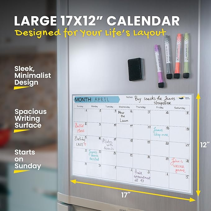 Monthly Magnetic Calendar for Refrigerator - 17x12” Stain-Resistant Dry Erase Fridge Calendar Whiteboard with Large Writing Space for Schedules, Chores & Meals - With 4 Markers & Eraser - Sunday Start