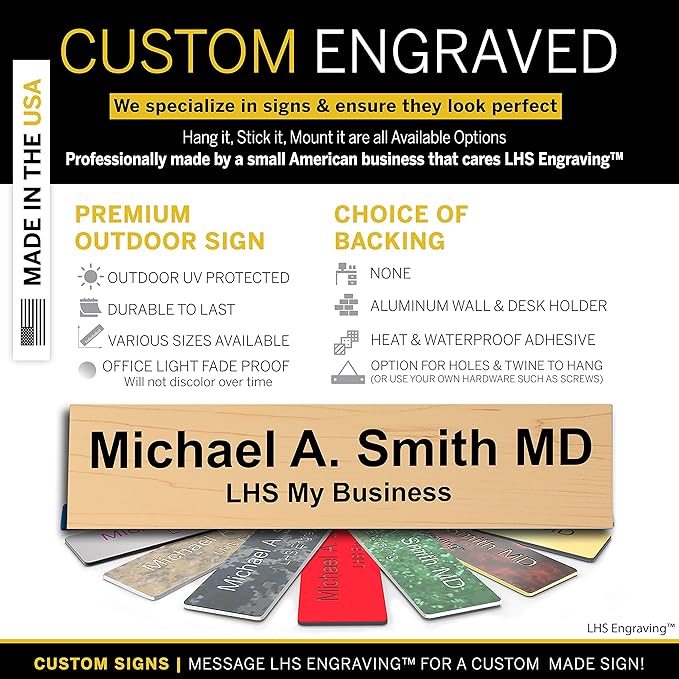 Engraved Name Plates for Door Sign Personalized Cashew Plastic Plaque with Black Letters - Made in USA 2x10 N6