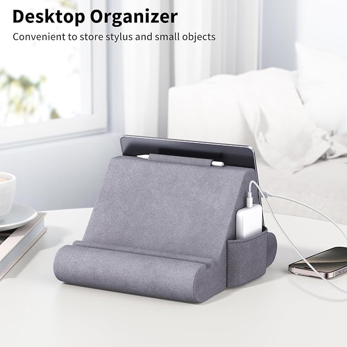 CreaDream Tablet Pillow Stand, Soft Pillow Pad for Lap, Tablet Holder Dock for Bed with 3 Viewing Angles, Pocket, Stylus Mount, Compatible with iPad Pro 13, 10.5, 9.7 Air, Mini, Galaxy Tab, E-Reader