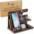 SHARPSPACE Night Stand Organizer – Wood Phone Docking Station, 360° Rotating Base with Charging Slot, Holds Watch, Wallet, Keys, Eyewear – Nightstand Organizer for Men, Bedroom or Office Use, Dark Brown