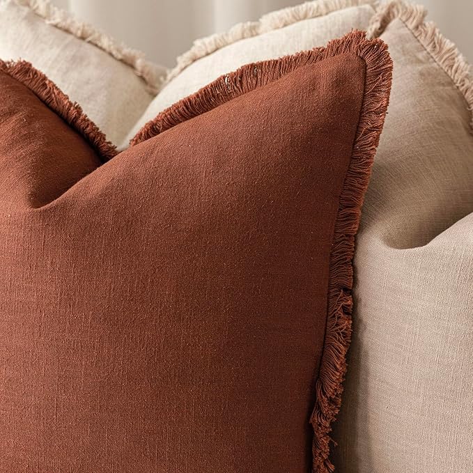 Foindtower Set of 2 Decorative Linen Fringe Throw Pillow Covers Farmhouse Cushion Cover with Tassels Lumbar Accent Pillowcase for Couch Bed Living Room Home Bedroom Decor, 12×24 Inch, Fall Rust Orange