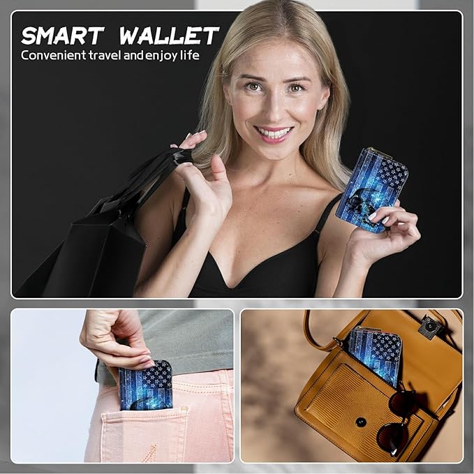 BWEGRHE Cute Credit Card Holder with Zipper, Blue Skull Flag RFID-Blocking Card Case Small Wallet for Women Men, Multi-slot Card Organizer Case Travel Accordion Wallet