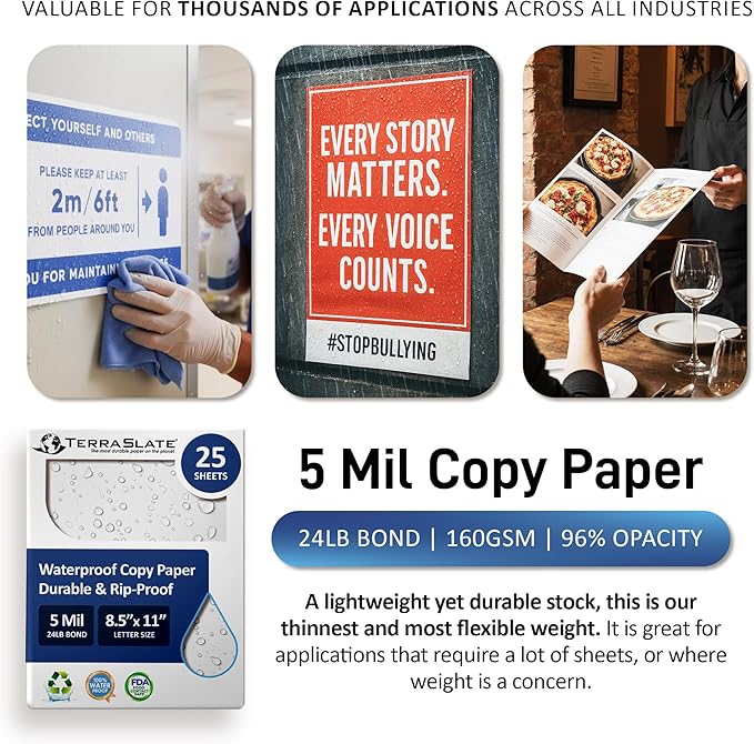 TerraSlate Premium Waterproof Paper, 5 MIL 8.5” x 11”, Laser Printer & Copy Machine Compatible, Durable & Rain/Weather-Proof Copy Paper, White Paper (25 Sheets)