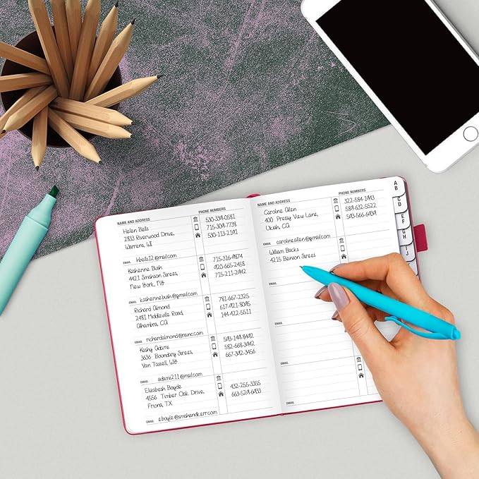 Legend Planner Address Book with Alphabetical Tabs – Mini Telephone Contacts Book for Phone Numbers, Addresses, Passwords, Small (Hot Pink)