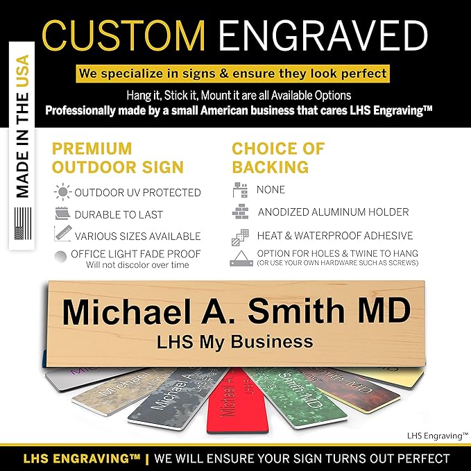 Custom Name Plate for Doors, with Choice of Mounting Holders for Walls, Doors, Cubicles, Hanging and More - Personalized Cashew Plastic Black Letters - USA Made 2x6 - N6