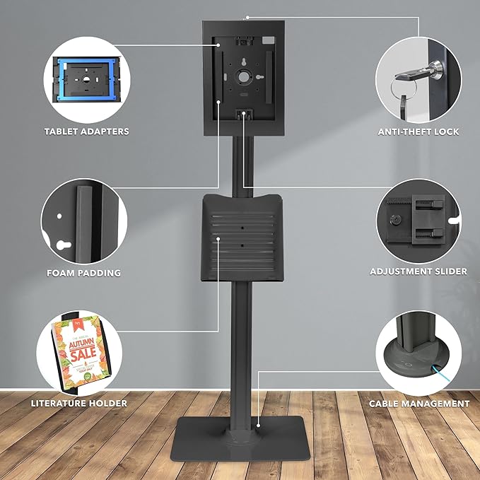 Mount-It! Anti-Theft Floor Stand Compatible with iPad, Contact-Less Kiosk with Universal Enclosure for iPads, Adjustable Locking Secure Tablet Mount for iPad Gen 7 to 10, Pro, Air, Black