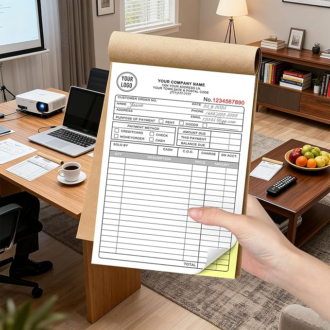 Custom Invoice Book with Logo 50 Set Personalized Receipt Books Customized Invoices for Small Business 3 - Parts Carbonless Duplicate Invoice Forms NCR Books