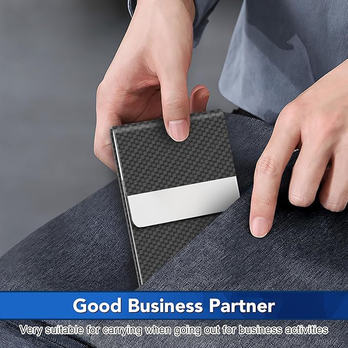 DMFLY Business Card Holder, Metal Slim Business Card Case, Pocket Card Holder for Women or Men, PU Leather Business Card Holder Case RFID Blocking Name Card Holder with Magnetic Closure, Black Carbon | Slim, Business Card Case, Pocket Card Holder, RFID...