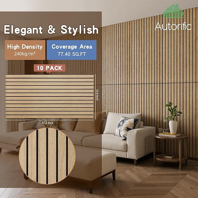 AUTORIFIC Wood Veneer Sound Panels, 10 Pack 47.2”x23.6” Wall Panels, Decorative Acoustic Panels for Walls, for Office,Home Theater,Studio,Living Room, Teak(Mitred)