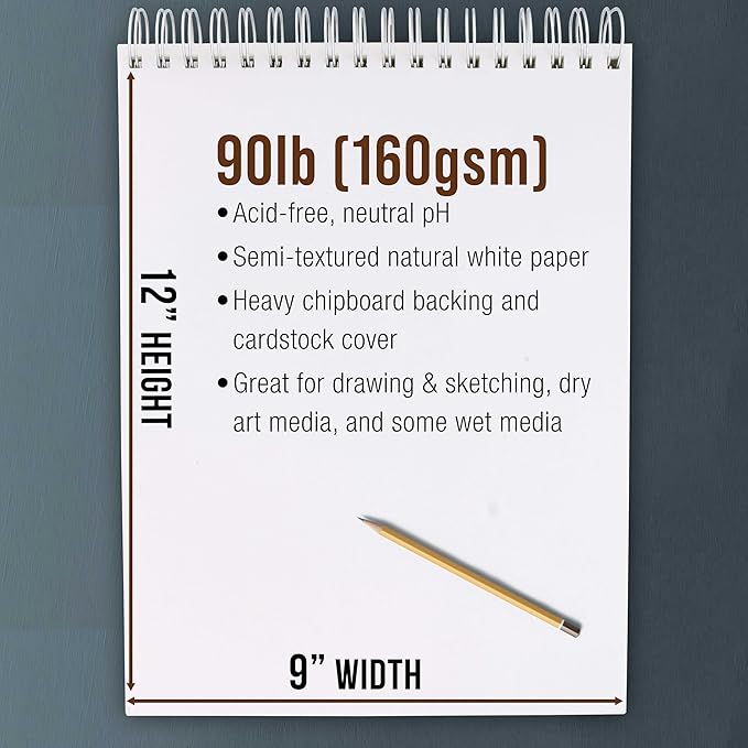 U.S. Art Supply 9”x12 Premium Heavy-Weight Paper Spiral Bound Sketch Book: 90 Pound (160gsm), 30-Sheet Drawing Pad (2 Pack)