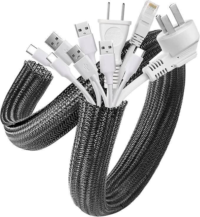 AGPTEK Cable Sleeve Cover, 10ft - 1.5 inch Desk Cord Organizer Cable Hider, Home Office Wire Management Computer TV Wire Loom Tubing, Pet Proof Cord Protector, from Cat Dog Chewing, Black