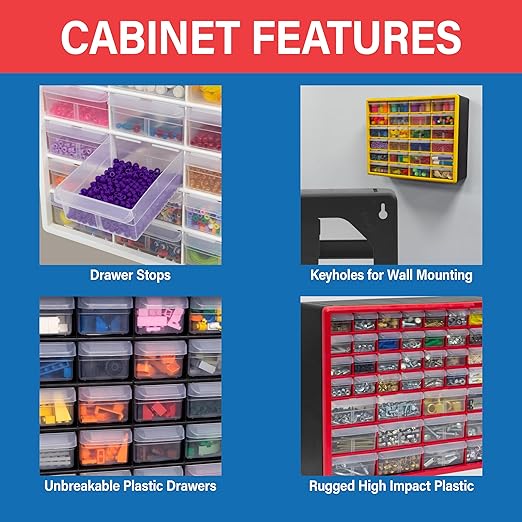 Akro-Mils 64-Drawer Plastic Drawer Storage Cabinet for Garage Organization, Bead Organizer, Building Bricks Storage, Teacher Toolbox, Makeup Organizer, 20" W x 6" D x 16" H, 10164 Yellow