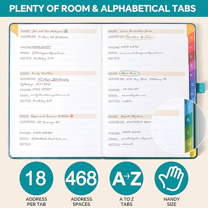 ZXHQ Address Book with Colorful Alphabetical Tabs (8.4" x 5.8") - Address Books for Seniors Hardcover Telephone and Contact Organizer, with Space for Important Website Passwords - Blue
