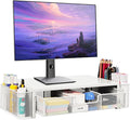 Qupui Computer Monitor Stand Riser with Drawer and Pen Holders, Desk Organizer Shelf and Accessories, Office Desk Accessories, Office Organization, White
