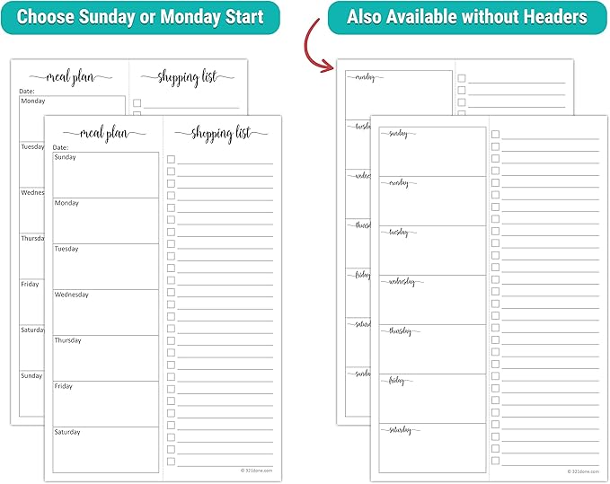 321Done Meal Planning Notepad - Made in USA - Large Letter Size (8.5x 1) Weekly Menu Planner Tear-Off Simple Shopping List Meals Groceries Grocery List Memo Pad - Perforated Monday Start