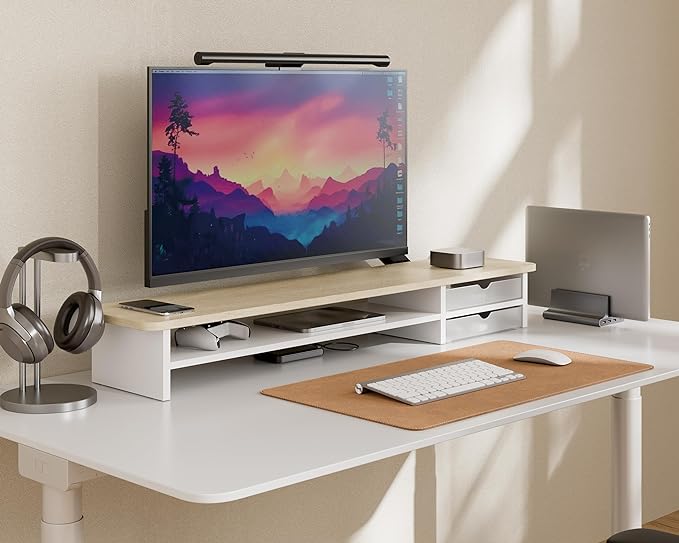 Fenge Monitor Stand, Dual Monitor Riser, 42.5inch Large Desk Computer Monitor Stand Riser with Drawer, 2 Tier Wood & Acrylic Desktop Organizer for Computer, Laptop, Printer, TV Screen Riser
