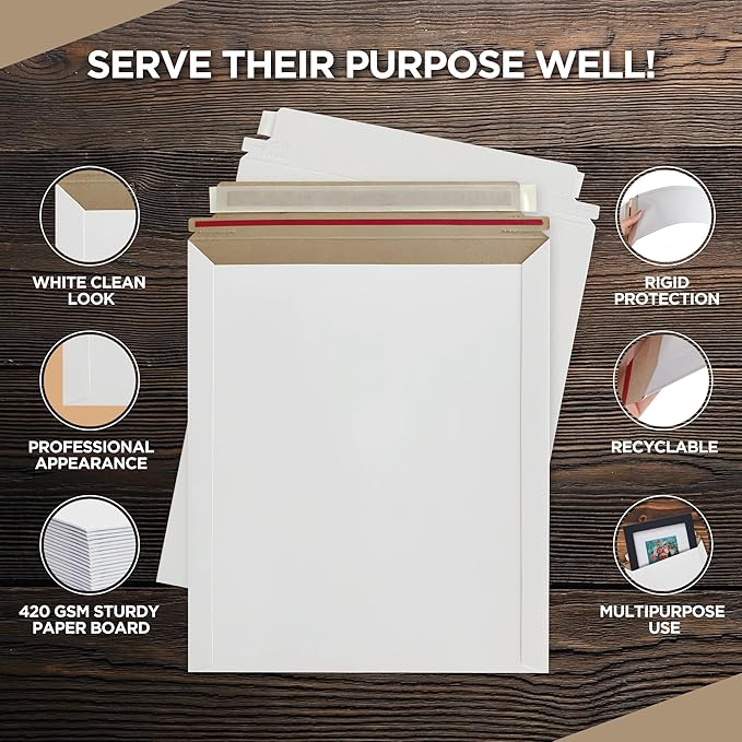 Rigid Mailers 9.25 x 11.75 Inch – 100 Pack White Self Seal Stay Flat Cardboard Envelopes – No Bend Mailing Envelopes for Photos, Documents, Certificates, Books, Magazines & Art Prints