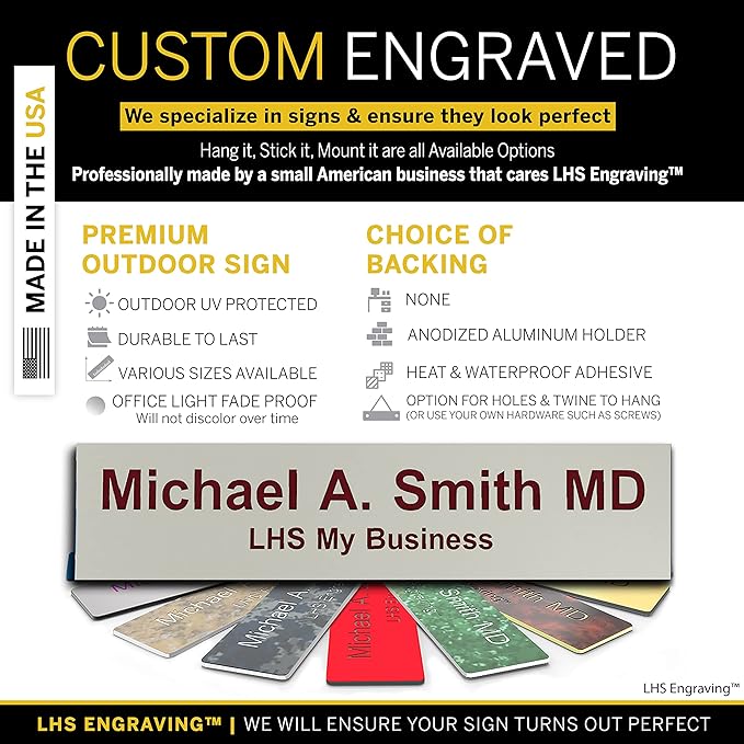 Personalized Name Plate with Choice of Mounting Holders for Walls, Doors, Cubicles, Hanging and More - Custom Light Gray Plastic Burgundy Letters - USA Made 2x10 - B21