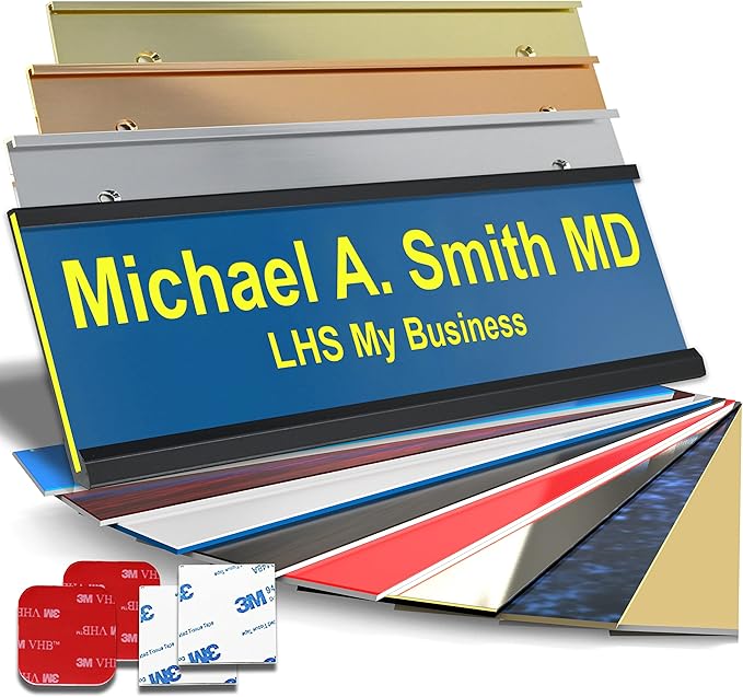 Custom Name Plate with Choice of Mounting for Walls, Doors, Cubicles, Hanging and More - Personalized Blue Plastic Yellow Letters - USA Made 2x12 - B20