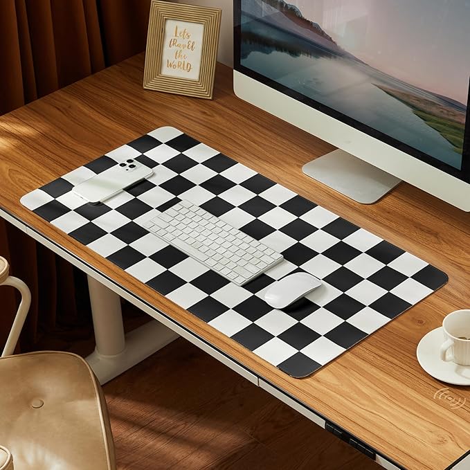 Ohocut Checkered Desk Mat, 31.5" x 15.7" Large Cute Black White Aesthetic Retro Accessoires, PU Leather Computer Laptop Desk Mat Mouse Keyboard Pad, Desk Writing Makeup Mat for Vanity/Work/Home Decor