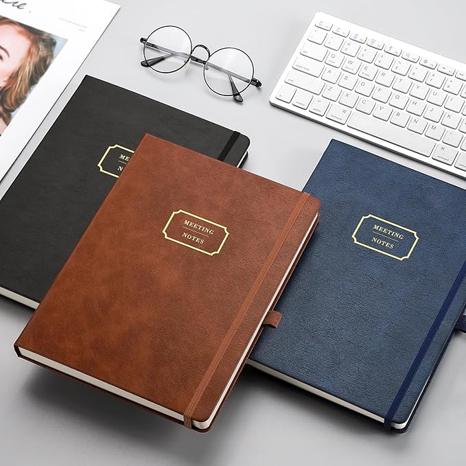 EMSHOI Meeting Notebook for Work with Sticky Tabs - 240 Pages, A4 Size Project Planner, PU Leather Meeting Agenda/Minutes Organizer for Women Men, Note Taking, Office & Business, 8.3"x11.7", Blue